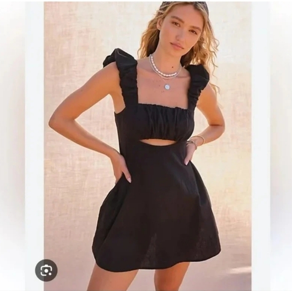 Free People Bom Bom Island Ruffle Mini Dress Cotton Linen Black Womens‎ Size SP - Picture 2 of 16